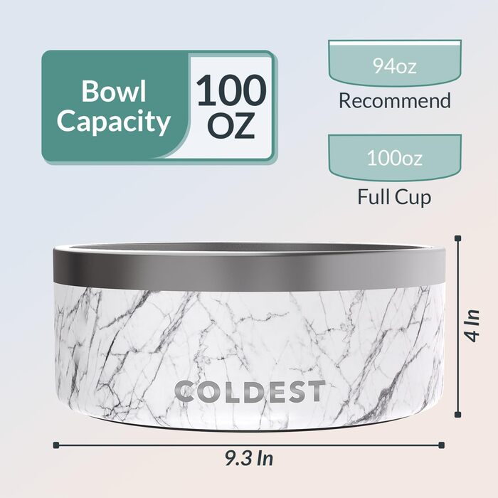 Миска для собак і котів Coldest, нержавіюча сталь, нековзна, для корму або води, 2,8 л, дизайн під мармур