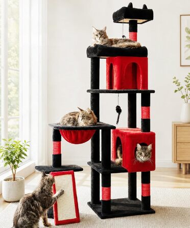 Комплекс для котів Kratzbaum XL 173 см: Дряпка-стовпчик з печерами, платформами, кошиком та іграшками (PMT02DG, Чорний+Червоний)