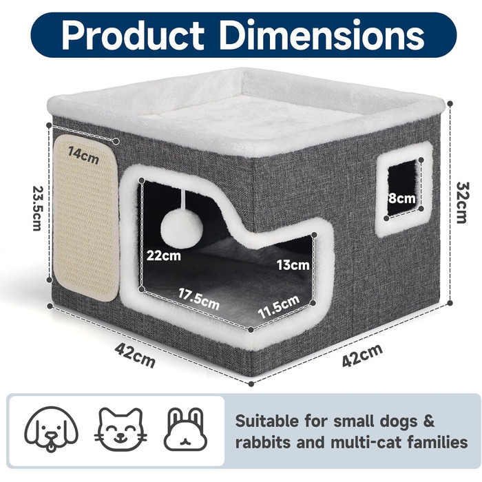 Кігтеточка-будиночок для котів Shikha, 2-ярусна, сіра, XXL, з ігровим м'ячиком, 61x45x32 см