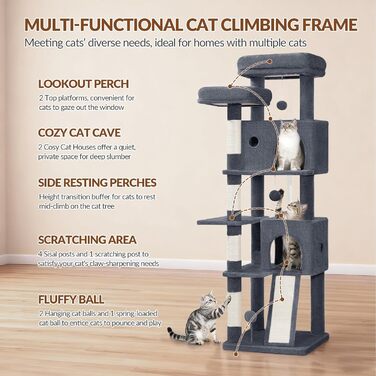 Котячий будиночок Kratzbaum 178 см, великий, стабільний з когтеточками, лежаками та платформами, сірий