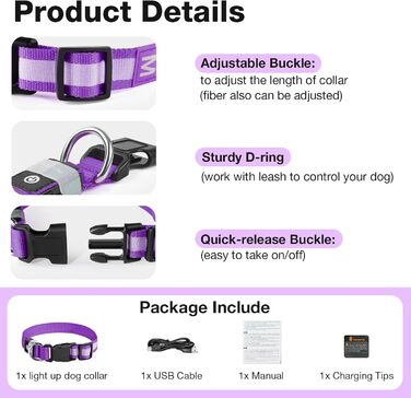Світлодіодне нашийник для собак Leuchthalsband PcEoTllar, водонепроникний, 7 кольорів, регульований, для маленьких та великих собак, чорний (фіолетовий, M)
