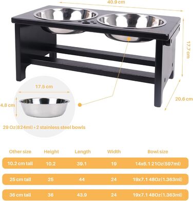 Підвищені годівниці для собак великих порід, на стійці, без розливання, набір з 2 годівниць з нержавіючої сталі, XL (35.56 см), об'єм 48 Oz, та середні (17.78 см), об'єм 29 Oz, чорного кольору