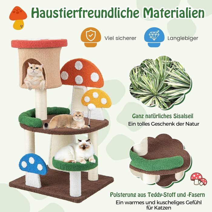 Дерев'яний кігтечка для котів COSTWAY з печериною, сизалевим покриттям та іграшкою, 59x48x102 см, кольоровий