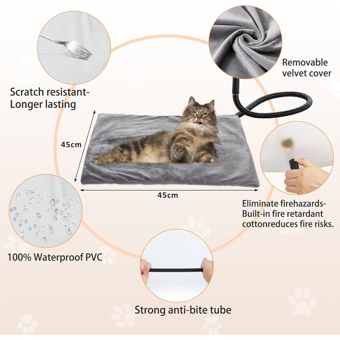 Кішечковий та собачий нагрівальний килимок, 45 x 45 см, 5 таймерів та 6 температурних режимів, вологостійкий, для цуценят, собак, котів та кроликів