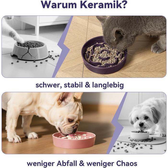 Керамічна годівниця для собак маленьких порід з антислизьким дном - годівниця для собак та котів - підходить для сухого та вологого корму - фіолетовий колір - 180г, маленька