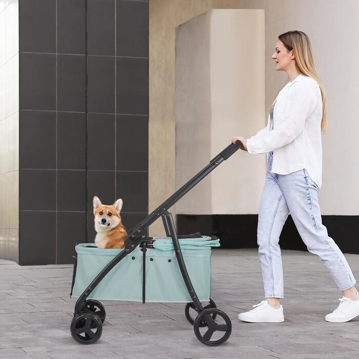 Дитяча коляска для собак з 4 міцними колесами, складна, з регульованою ручкою, подвійна місткість, вагон-переноска з передніми дверцятами, для маленьких собак (Блакитно-зелений)