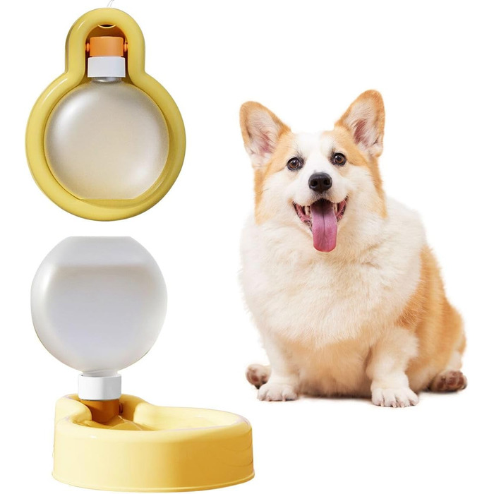 Водяна пляшка для собак Aimondow, подорожна миска для води для цуценят, портативна пляшка для води для домашніх тварин, витокозахисний диспенсер для води з годівницею для цуценят для прогулянок, походів, подорожей (340 мл) (жовтий, 16.9oz)