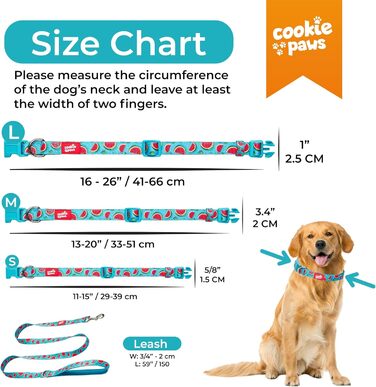 Нашийник і повідець для великих собак Cookie Paws, нейлоновий з м'яким неопреном, регульований, з швидкозастібкою, дихаючий, легкий у догляді, стильний дизайн «Кавун»