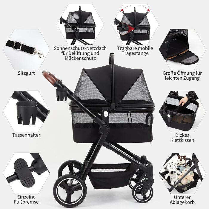 Візок для собак Zstar Hundewagen - чорний, для 2 маленьких тварин (до 15 кг), знімні сумки