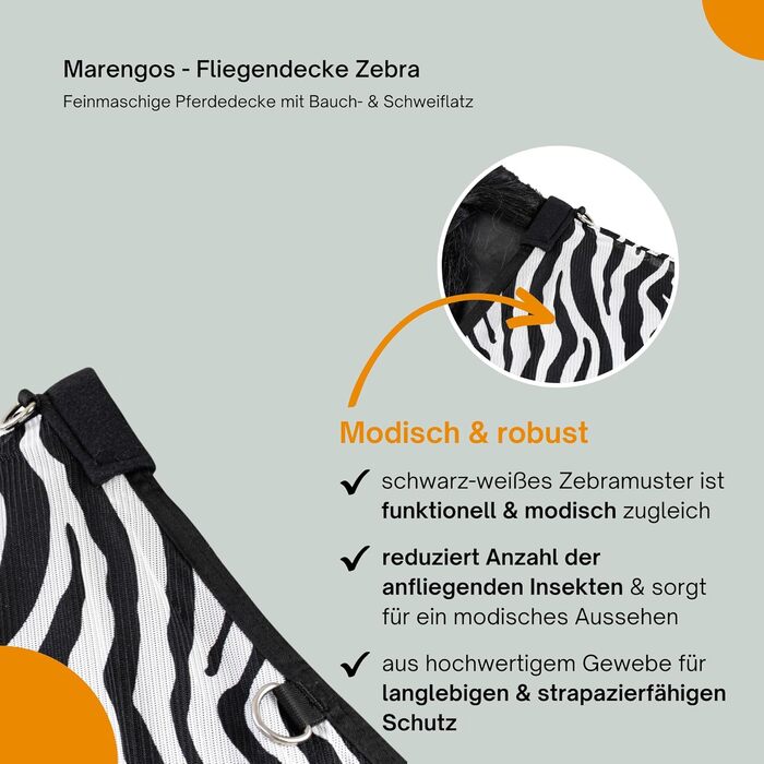 Маренгос - захисна маскувальна попона для коня Zebra, дрібна сітка, з бічною та хвостовою накладкою, від комах, з складкою для руху та подвійною застібкою, для вулиці, 75 см