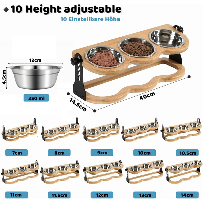 Набір мисок для котів та цуценят 3 шт. з регульованою висотою - Ергономічна годівниця з нержавіючої сталі