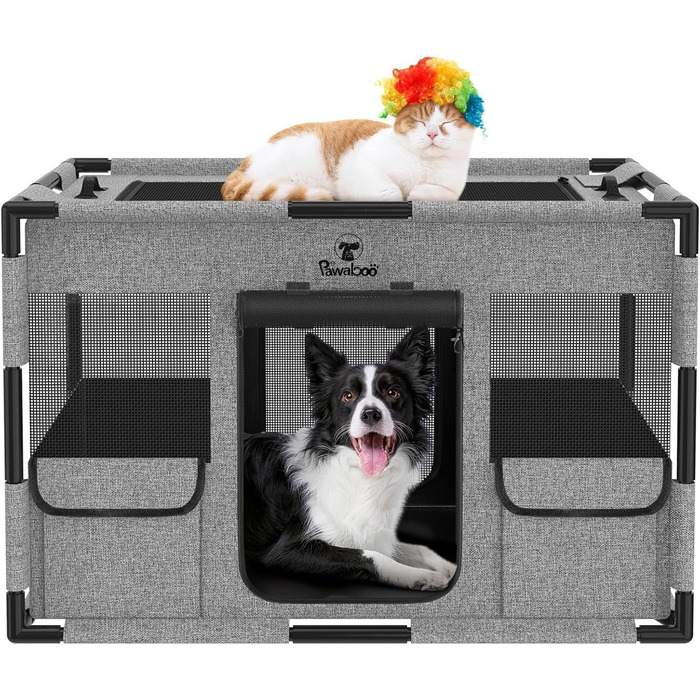 Pawaboo Забіг для цуценят Extra Groß - великий вольєр для домашніх тварин, переносна сумка-переноска для котів та собак, вольєр для собак, посилена рама з ПВХ-труб, великий розмір (L-91×61×61CM, M-81x61x61CM, чорний/сірий)