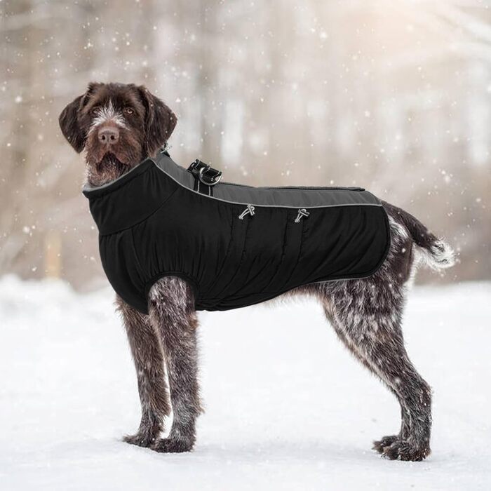 Водонепроникний зимовий одяг для собак, тепла куртка для собак з отвором для шлейки, для малих, середніх та великих собак, з відбиваючими смугами та блискавкою - чорний, XS