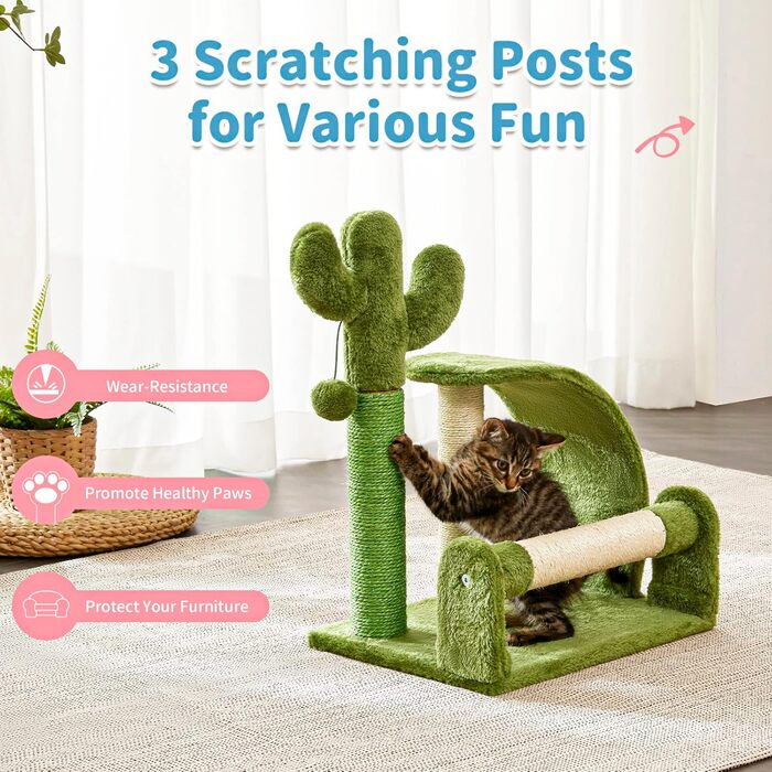 Дряпка для котів Made4Pets Кaktus, з натурального сизалю, зелена, іграшка для домашніх котів з підвісками, для кошенят та маленьких котів