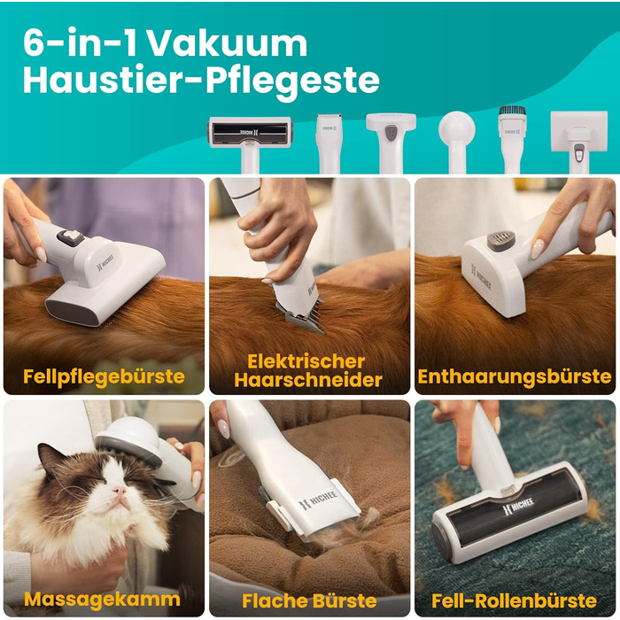 Машинка для стрижки собак HICHEE з пилососом, 13 kPa, професійний набір для грумінгу домашніх тварин, тиха машинка для собак та котів, 6 інструментів