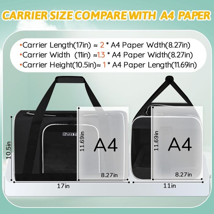 Транспортна сумка для тварин Petskd, схвалена авіакомпаніями, для котів та собак середніх розмірів, чорна, 17.0' x 11.0' x 10.5'