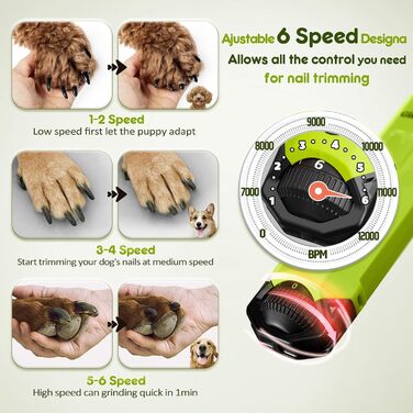 Шліфувальник кігтів для собак Gimars: 6 швидкостей, LED-підсвічування, USB-зарядка, 3 насадки (зелений)