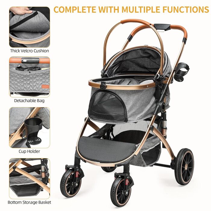 Візок для собак та котів 3-в-1 DWVO: візок, переноска, сумка. До 22 кг, сірий