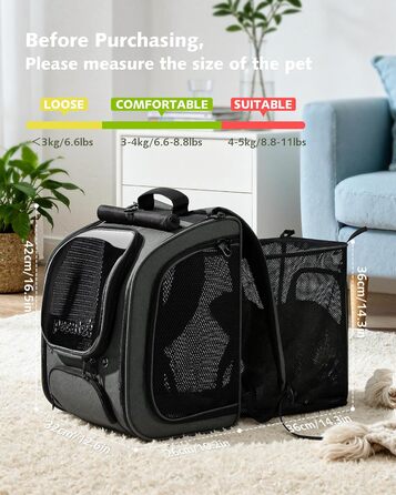 Pecute Рюкзак-переноска для кота з віконцем-сіткою, дихаючий та легкий рюкзак для тварин, великий (32 x 26 x 42 см, сірий, розширюваний)