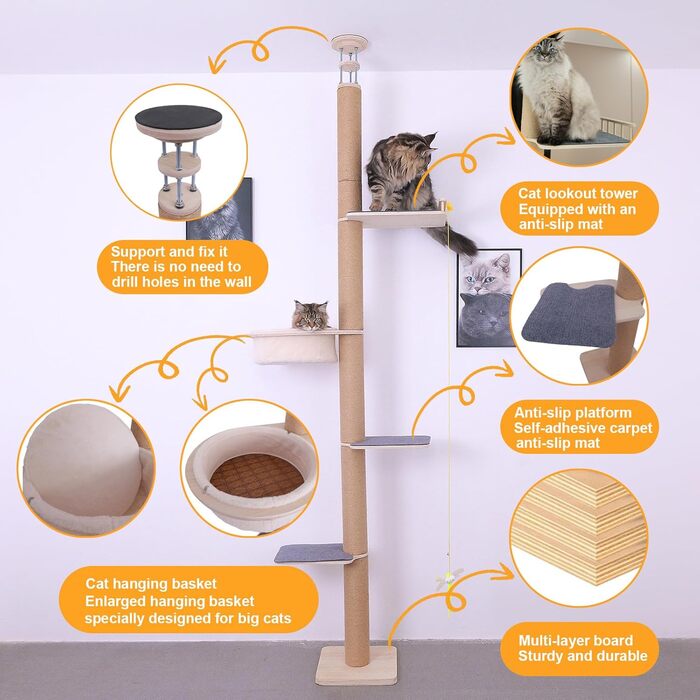 Кліматичний комплекс для котів 4-ярусний з аксесуарами, регульована висота (152,4–289,6 см), плюшеві стійки та великий гамак