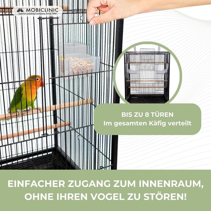 Велика клітка для птахів Mobiclinic Pets із колесами, гальмами та верхнім відкриттям, 8 дверцят, знімний піддон, годівниці та поїлки, сідала, для папуг і німф, 95x43x61,5 см