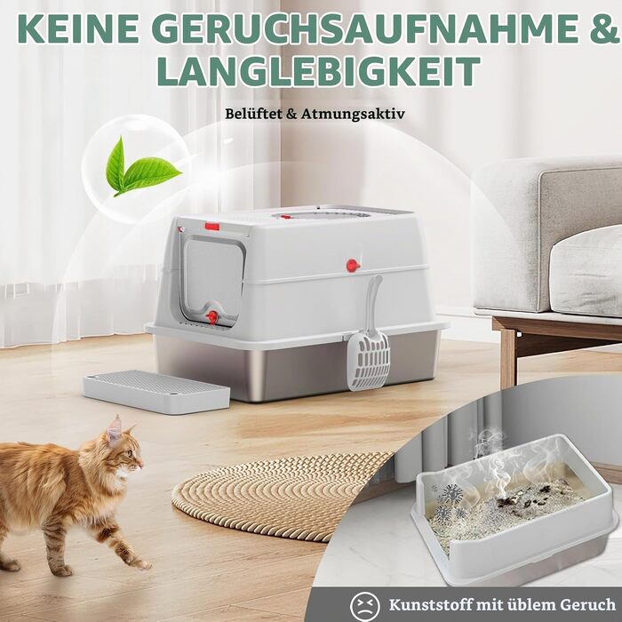 Лоток для котів BEST JAJA XXL з кришкою, нержавіюча сталь, 61.9 × 41.9 × 37 см, сірий