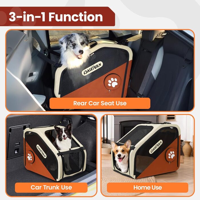 Складана переноска для собак у машину та в подорожі, Softbox для маленьких та середніх собак, швидке складання за 1 хвилину, міцний металевий каркас, дихаючі сітчасті вікна та зручний доступ, коричнева