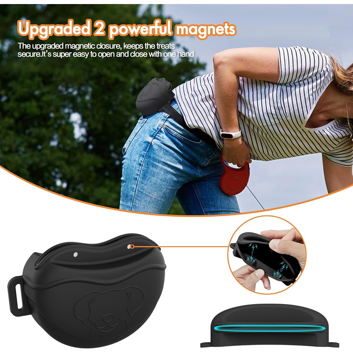 Сумка для ласощів для собак AWINNER – преміум силікон, 4 сильних магніти, регульований поясний ремінь – ідеально для дресирування цуценят та прогулянок на вулиці (чорний)