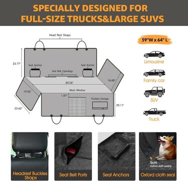 Накладка на сидіння для собак Nzonpet, XL, 100% водовідштовхувальна, з сіткою, антиковзаюча, стійка до подряпин, для позашляховиків та пікапів (сіра)