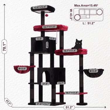 Дерев'яний будиночок для котів Hey-brother з розширеною конструкцією, широкими платформами, затишними печерами, гамаками, сизалевими стовпчиками та м'ячиком, 178 см, MPJ038W (Чорний та Червоний)