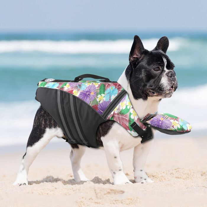 Жилет для собак Французький бульдог з світловідбиваючими смугами, плаваючий жилет для собак, для купання та катання на човні (обхват грудей: 43.2 - 76.2 см, вага: 7.7 - 12.7 кг) M (Обхват грудей: 43-76 см) фіолетовий (квітковий принт)