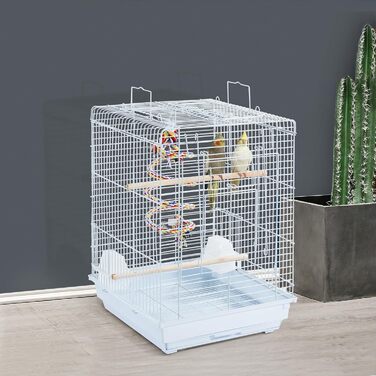 Клітка для птахів Yaheetech з іграшками, біла, 40x40x58 см – для хвилястих папуг, корел, амадин і папуг, з дахом
