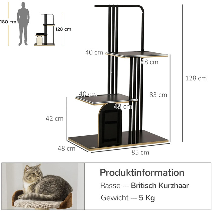 Когтеточка для котів PawHut, 128 см, з подушками та двома платформами, кігтеточка-катеральня зі сталевим каркасом, чорна