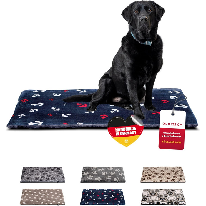 Лежак для собак HS-Hundebett XL 95x135 см, двосторонній, з наповнювачем 3 см, для дивана, авто, переноски, анкер синій, зроблено в Німеччині