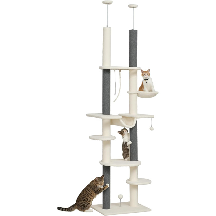 Дерево для котів PawHut - кігтеточка, ліжко-гамак, корзина, іграшки, захист від перекидання, білий, 225-255 см