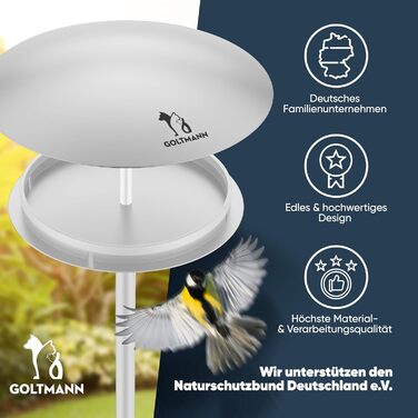 GOLTMANN® Пташиний годівничка з підставкою, нержавіюча сталь, люкс, сіра, для саду чи балкона, стійка, захист від негоди, декор