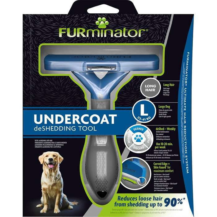 Фурмінатор для великих довгошерстих собак Furminator L, щітка для видалення підшерстка, чорний/синій/сріблястий, покращений дизайн