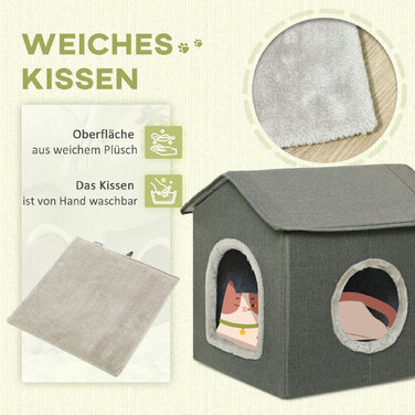 PawHut Cat Cave House у формі з подушкою, яку можна мити, затишна печера для обіймів для котів з двома дверима, 39 x 43.5 x 40.5 см, сірий
