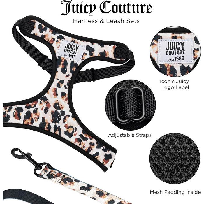 Шлея та повідець для собак Juicy Couture, леопардовий принт, регульований, з повідцем для цуценят і м'якою сітчастою підкладкою, розмір S