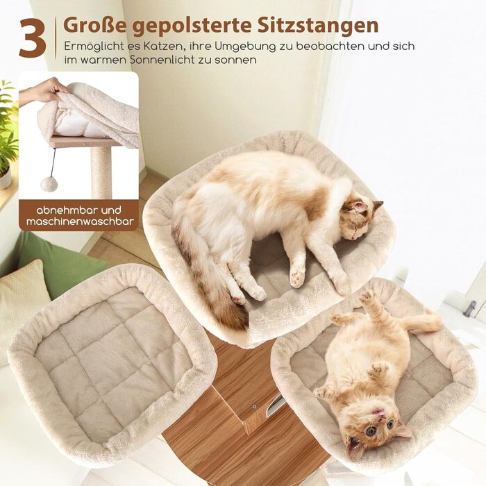 Кігтеточка для котів COSTWAY 168 см, дерев'яна, багатоярусна з будиночком, драбиною, лежаками та іграшками, бежево-коричнева