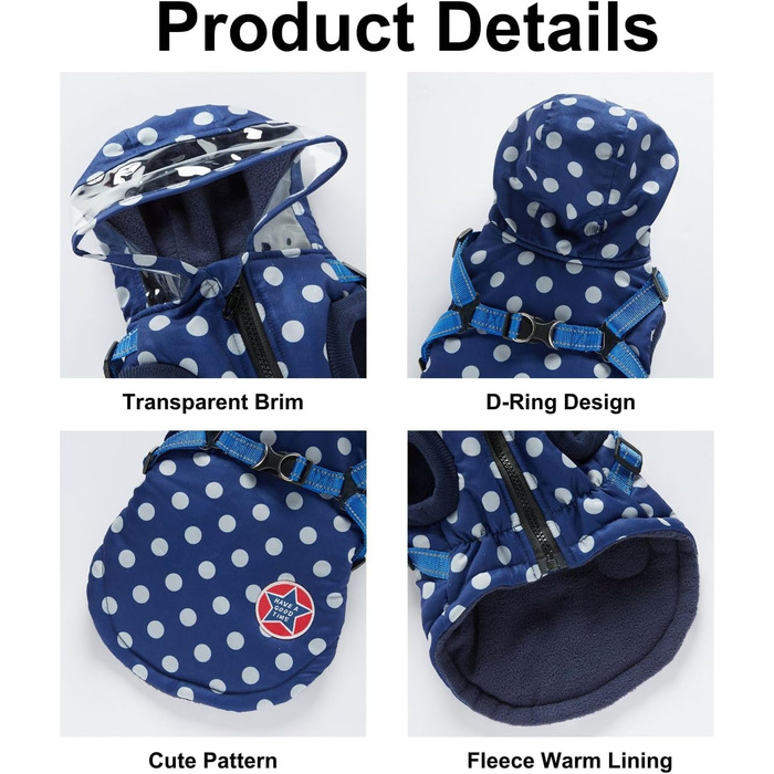 Зимовий теплий пуховик для собак з протекторними отворами, вітронепроникна куртка для холодної погоди, бавовна, костюм для цуценят, маленьких та середніх собак, розмір XL (2XL: Обхват грудей:55см/21.6 дюймів, Стиль 2: Синій горошок)