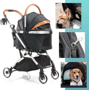 Візок для собак Fudajo 2в1, розкладний, з сумкою-переноскою, для собак та котів (чорний, до 15 кг)