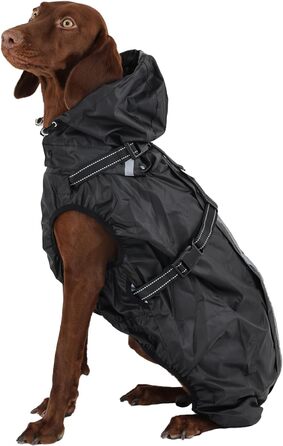 Водонепроникна куртка для собак OUOBOB з відбиваючими смугами, регульованою нагрудною стяжкою (D-Ring) та знімним капюшоном з візором. Ідеально підходить для середніх та великих собак. Колір: Neon Green, Розмір: 4XL, Чорний