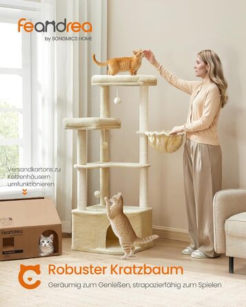 Дряпка для котів Feandrea, кігтеточка з великою затишною печерою, платформами, м'ячиками та лежанкою, 48,5 x 48,5 x 140,7 см, бежевий PCT009Y01