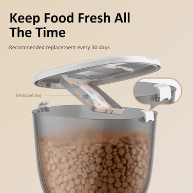 Автомат для годування котів, інтелектуальний диспенсер корму для котів та собак, просте керування, 1-6 прийомів їжі на день, подвійне живлення, 5л (білий сріблястий)