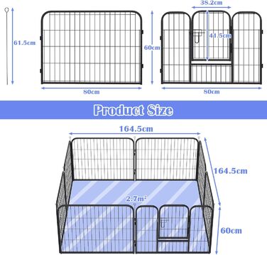 Клітка для цуценят Yakimz 8-частинна, вигульна клітка для цуценят висотою 60 см з дверцятами та захисним тентом, гнучка та складана клітка для собак, загородження для цуценят, собак, кроликів та інших дрібних тварин, 8 шт. - 80x60 см