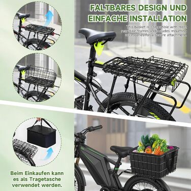 Знімний задній кошик для велосипеда, складний кошик на багажник, великий кошик для велосипеда, шкільний рюкзак, E-Bike, кошик для собак, сірий