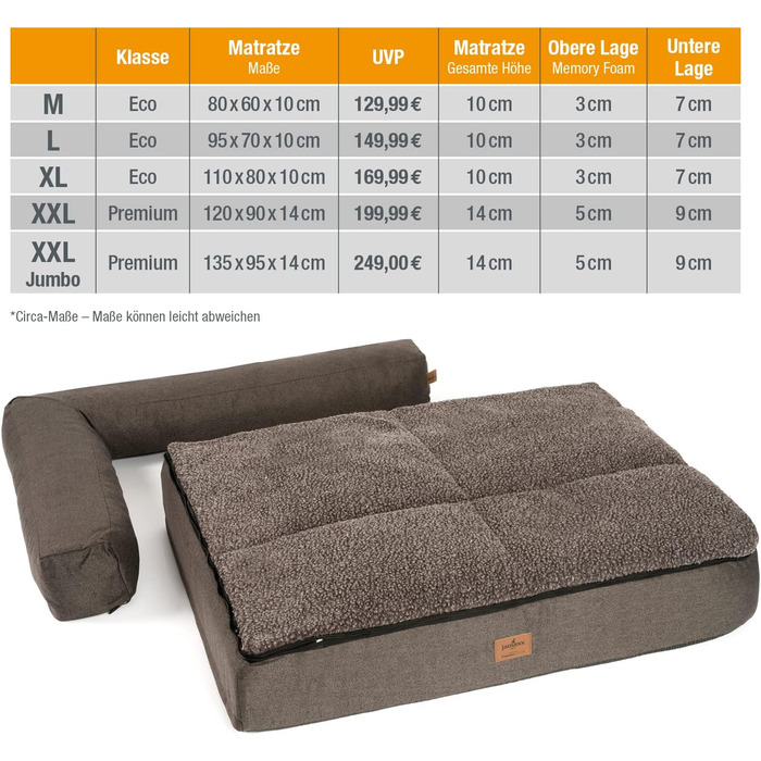 JAMAXX® Преміум собаче ліжко 4-в-1 з ортопедичним матрацом Memory Visco, знімні подушки, змінний чохол, прання допустиме, додаткова товщина наповнювача, спеціальний розмір PDB3015 (3XL) Jumbo 135x95x14 см, коричневий