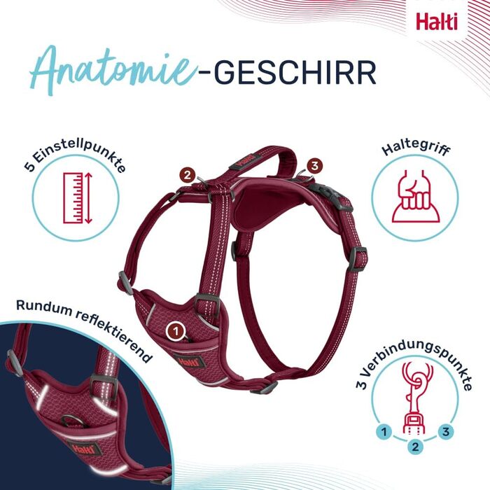 Шлея для собаки HALTI Anatomy з ручкою, 3 точки кріплення повідка, неопрена підкладка, регульована, світловідбиваюча, розмір M, магента