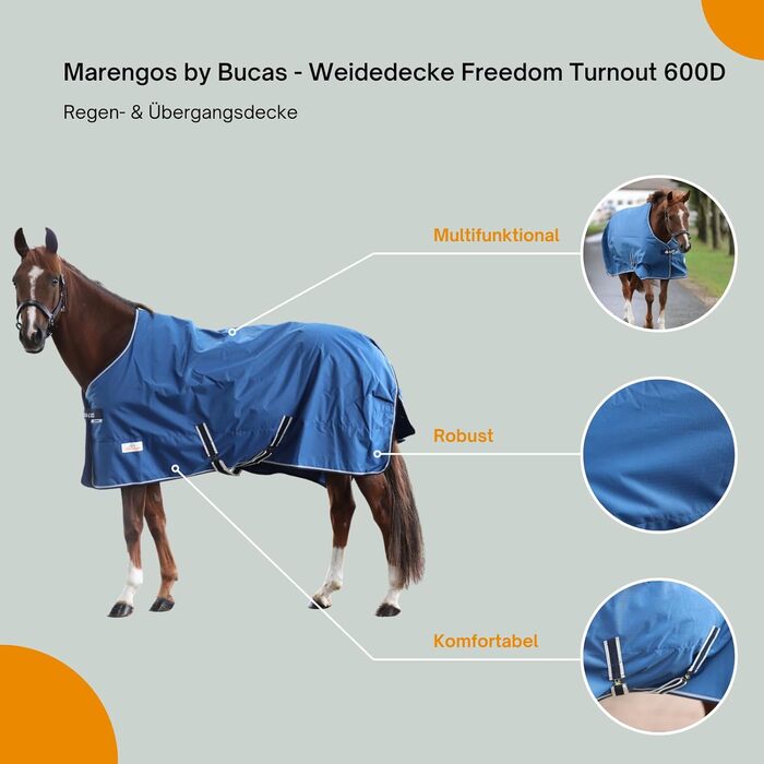 Водонепроникна попона для коней Marengos by Bucas Freedom Turnout 600D з підкладкою та перехресними ременями, Navy/Beige, 135 см (наповнювач 150 г/м²)